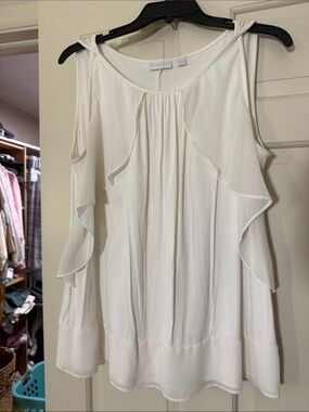 New York & Company White Pleated Neckline Blouse